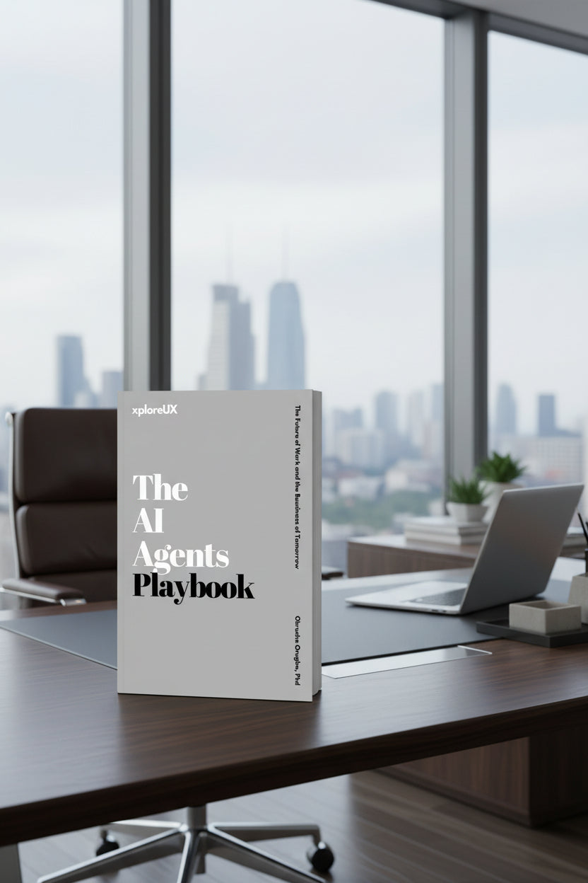 Editorial lifestyle product shot of an AI Agents playbook and e-book displayed on a sleek desk inside a modern office with large windows overlooking a city skyline.