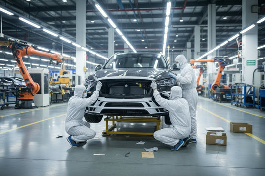Front-facing view of a luxury car undergoing styling upgrades inside a bright, modern workshop facility.