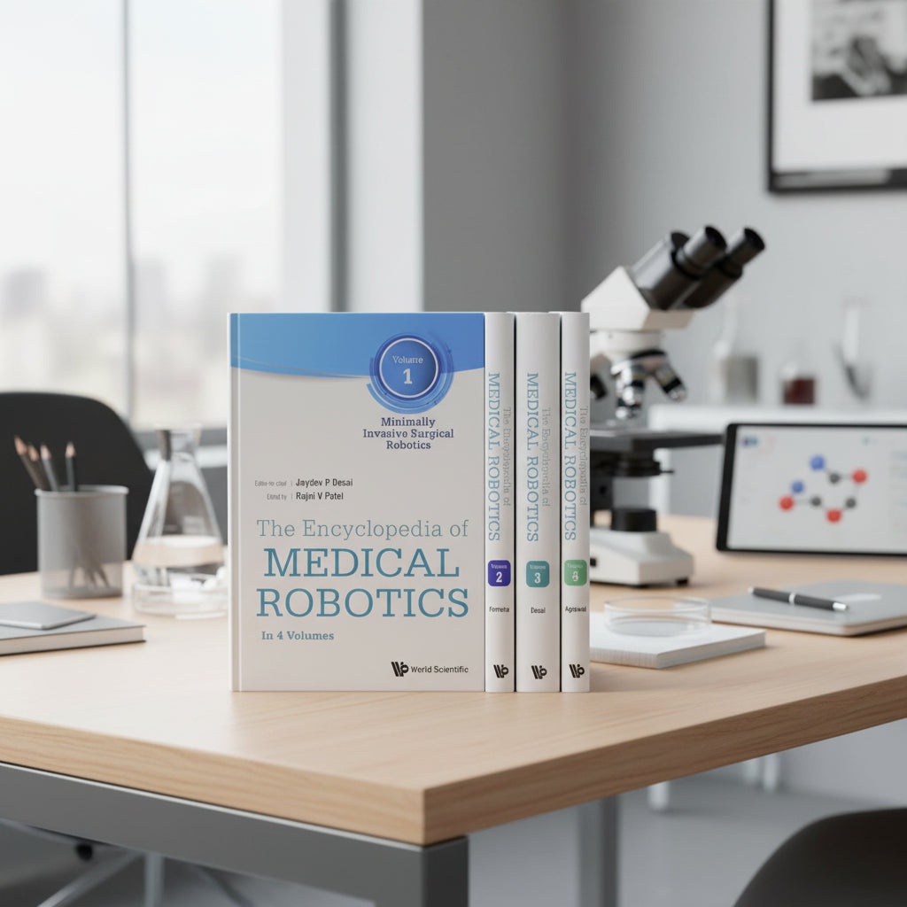 Editorial product shot of the 'Medical Robotics' academic textbook set with light blue and white covers, displayed on a clean wooden desk inside a modern laboratory or medical study space.