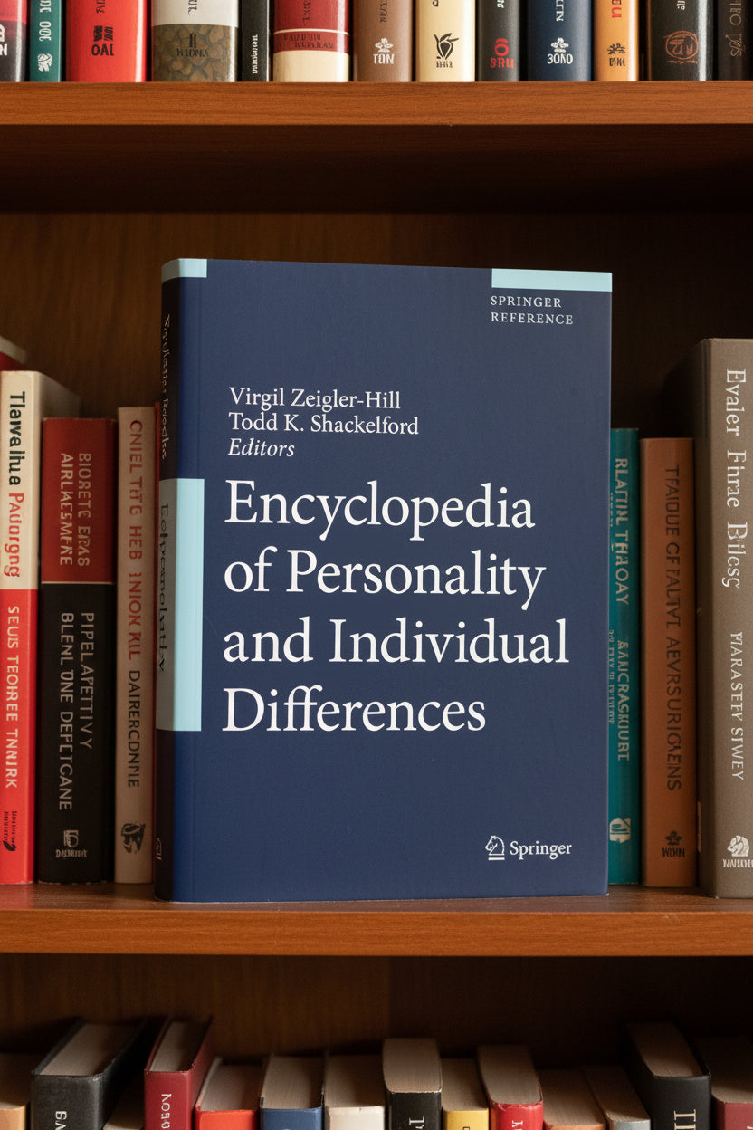 Academic reference book titled 'Encyclopedia of Personality and Individual Differences' featuring a dark blue cover, neatly shelved upright within a warm, classic wooden bookcase.