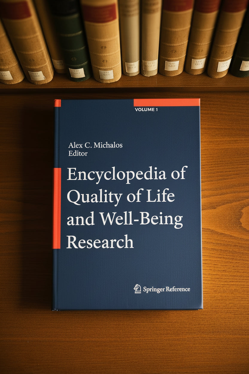 Academic reference book titled 'Encyclopedia of Quality of Life and Well-Being Research' with a dark blue cover featuring orange and white typography, resting on a wooden shelf beneath a row of classic book spines.