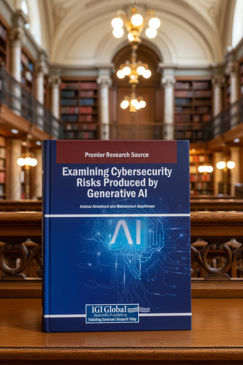 Academic textbook titled 'Examining Cybersecurity Risks Produced by Generative AI' with a blue cover and futuristic graphic design, resting on a wooden surface inside a classic library setting.