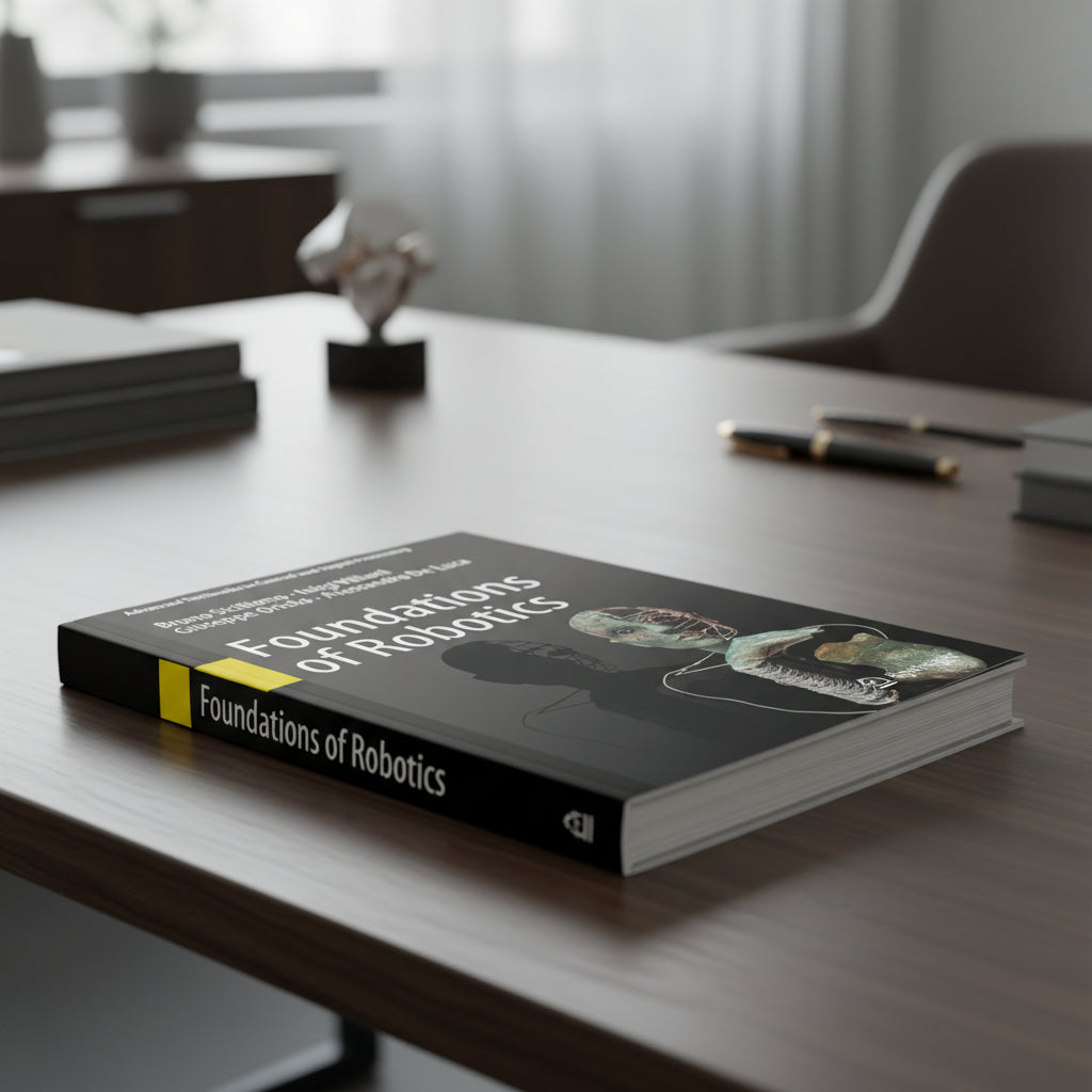 Editorial lifestyle product shot of the 'Foundations of Robotics' textbook resting on a dark executive desk in a sophisticated minimalist office.