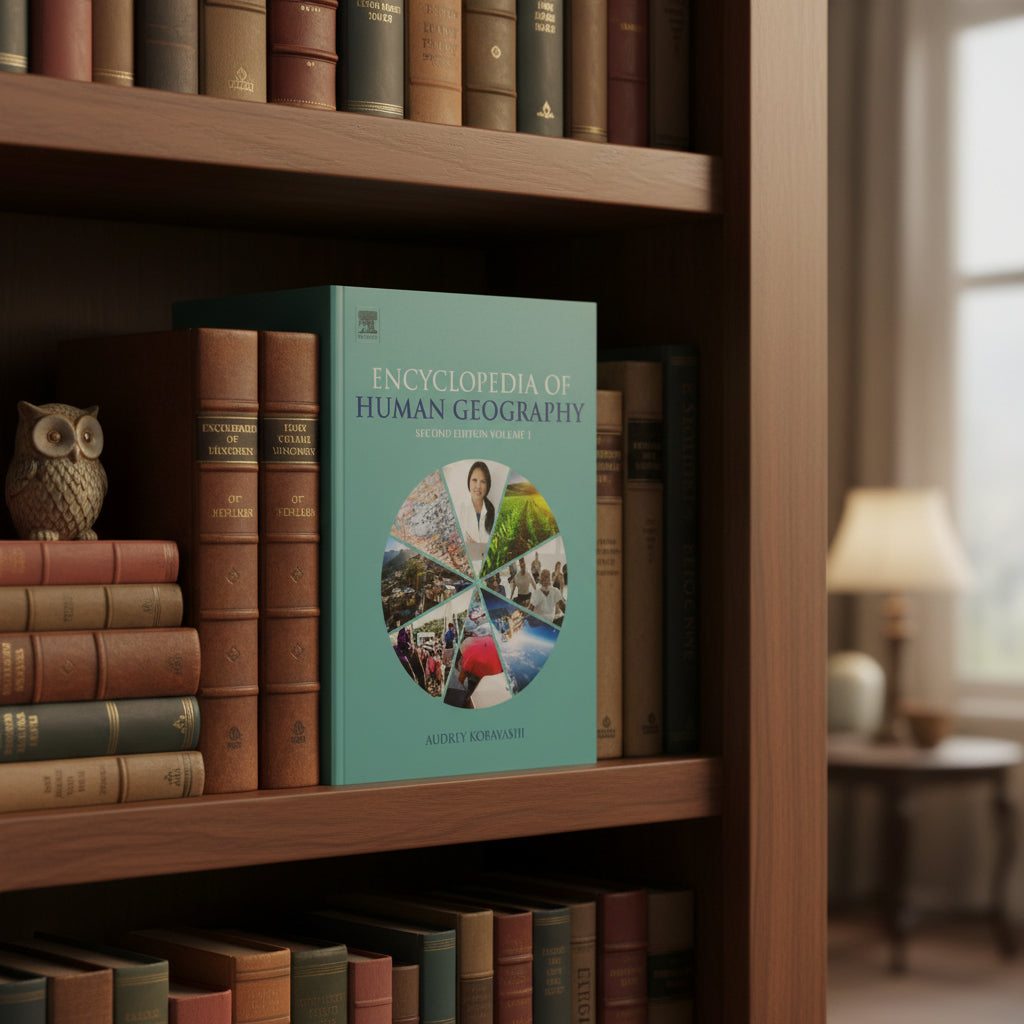 Editorial product shot of an academic book with a turquoise cover featuring a circular global collage, neatly shelved within a classic wooden bookcase.