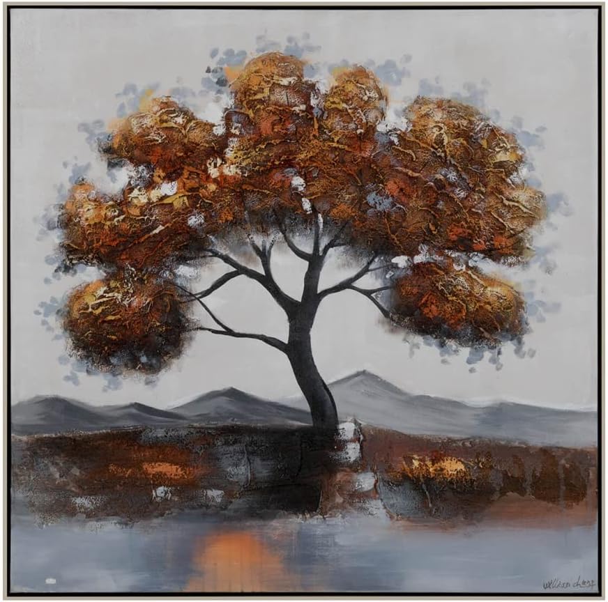 Close-up product view of the square canvas art piece highlighting the textured impasto details of the golden tree foliage.