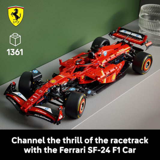 Red F1 race car building set box displayed with completed model, featuring promotional text on the packaging.
