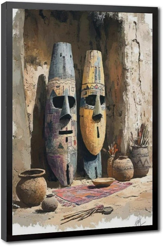 Close-up view of the framed African masks art print, showing the textured detail and colors of the masks against a deep background.