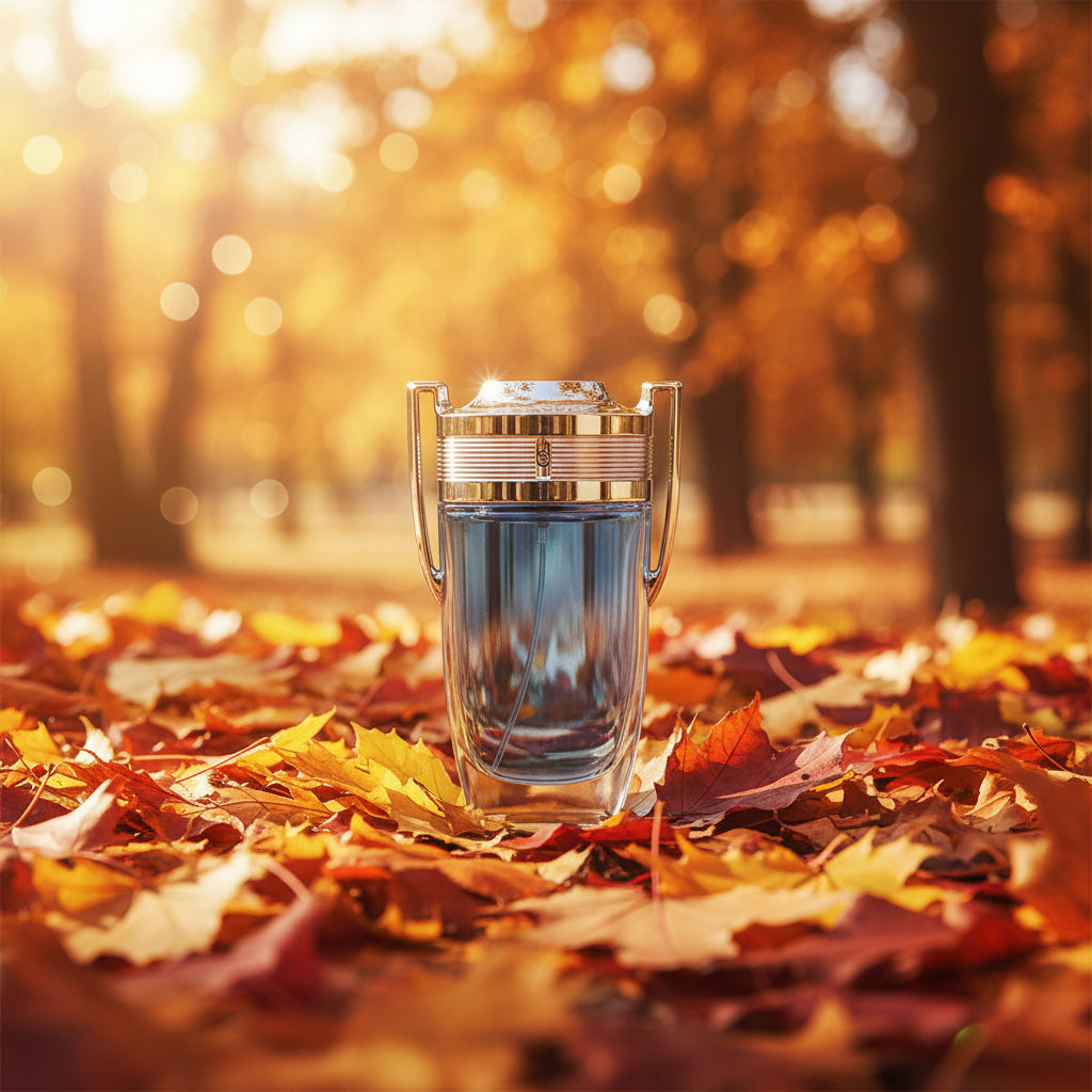 PACO RABANNE, Editorial luxury fragrance product shot of a sleek perfume bottle standing amidst a bed of golden autumn leaves in a sunlit woodland setting.