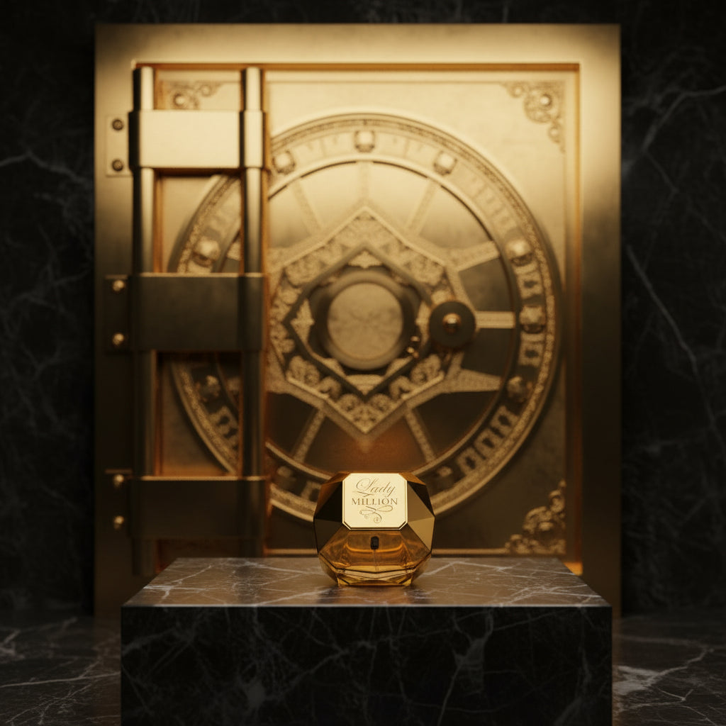 Artistic display of the Paco Rabanne Lady Million perfume bottle set against an intricate, textured golden backdrop.