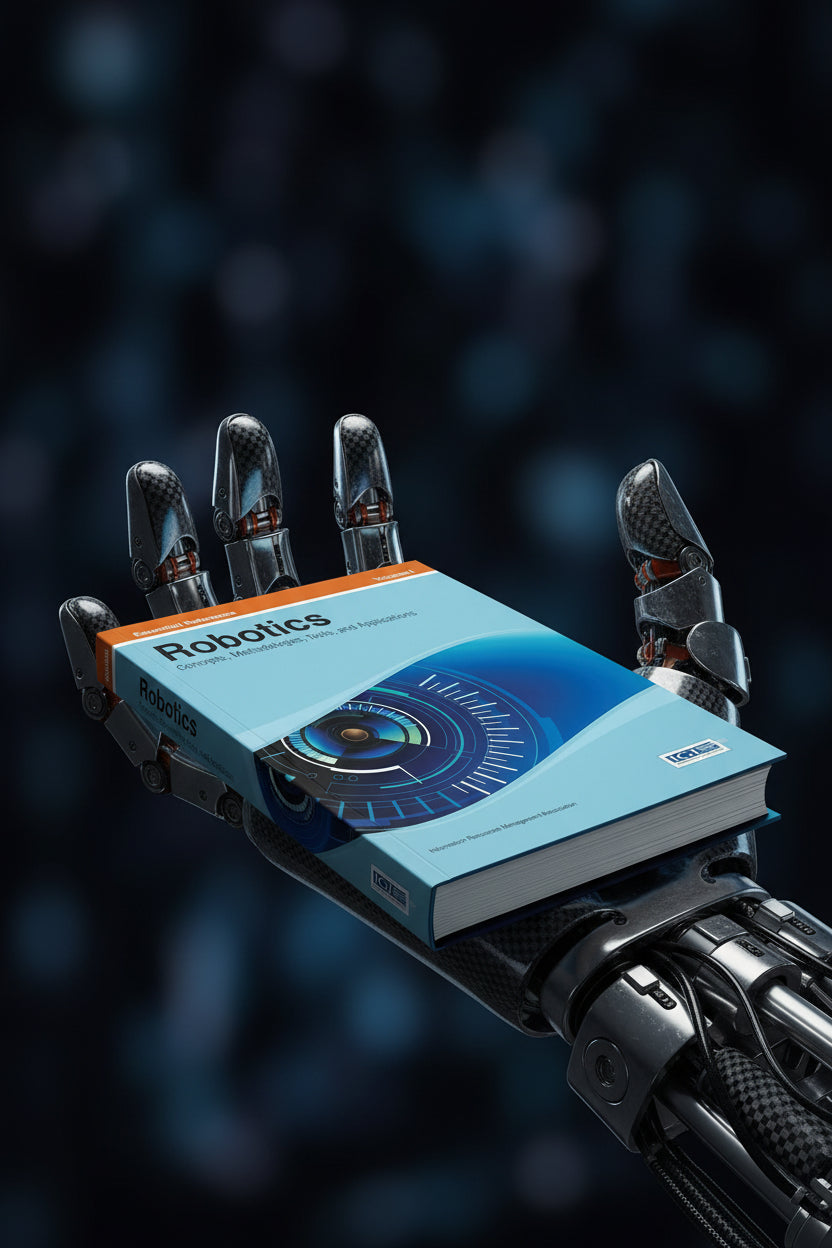 Conceptual editorial image of a robotic mechanical hand delicately holding an academic book against a dark, textured digital background.