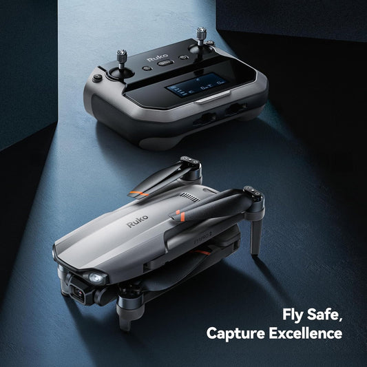 Compact view of the Ruko F11PRO 2 drone folded alongside its dedicated carrying case and accessories.