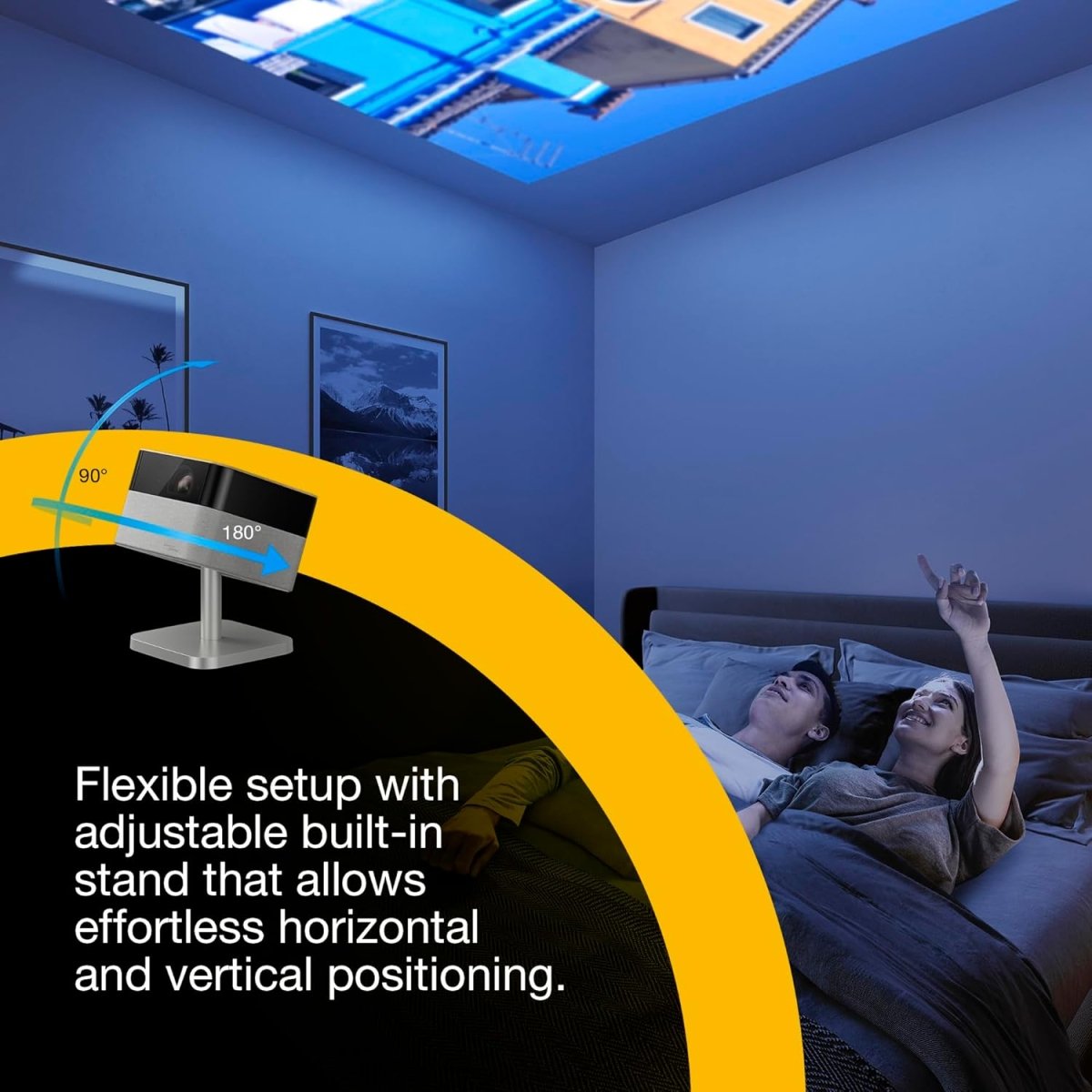 Informational graphic highlighting the flexible placement and unique levitation features of the portable projector.