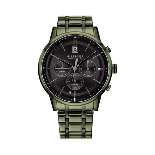 Studio product shot of a dark-toned men's chronograph watch featuring a matching metal link bracelet.