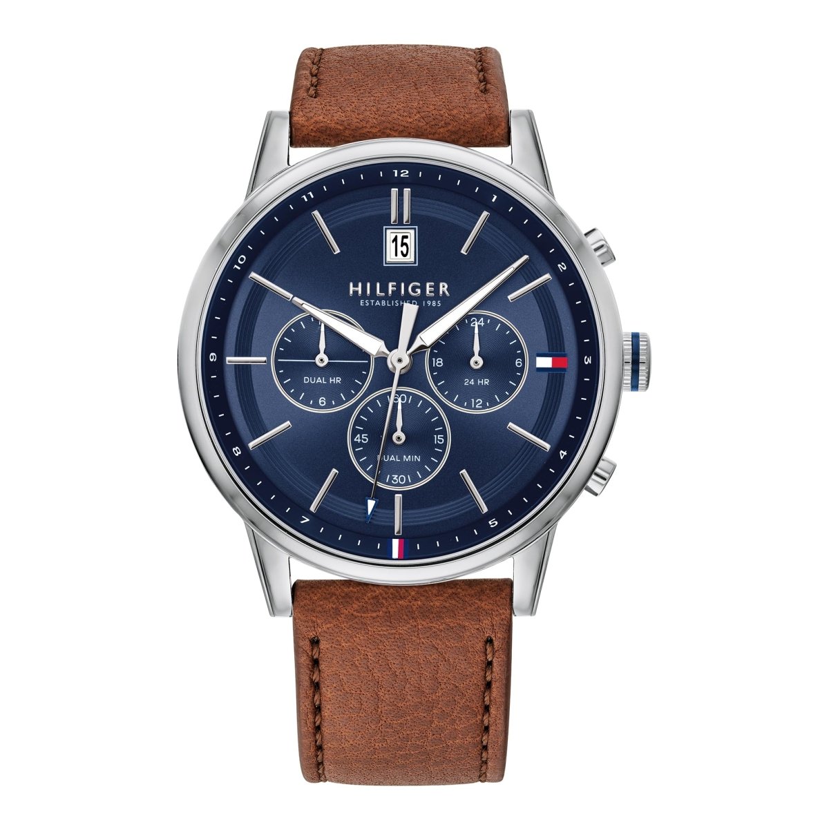 Men's chronograph watch with a blue dial and a classic brown leather strap, displayed on a clean neutral background.