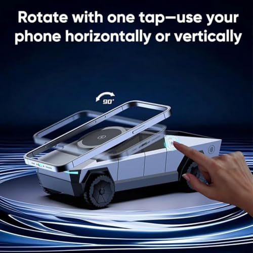 Demonstration shot of a hand adjusting a smartphone on the Cybertruck wireless charging stand, highlighting its rotating functionality.