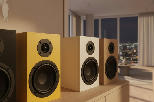 Row of high-end wooden bookshelf speakers lined up on a media console inside a luxury living room.