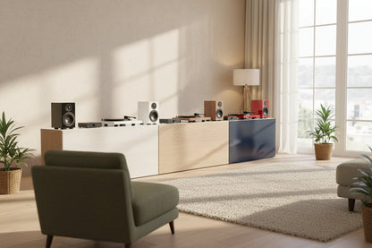 Interior view of a spacious, modern living room setup featuring high-end speakers and refined minimalist decor.