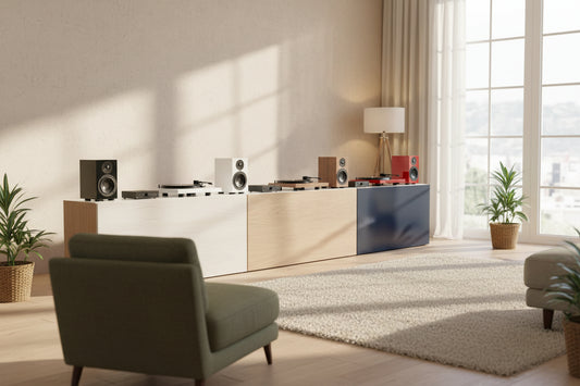 Interior view of a spacious, modern living room setup featuring high-end speakers and refined minimalist decor.