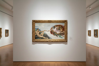 Wide-angle gallery view of the framed classic oil painting mounted on a museum wall surrounded by traditional architectural details