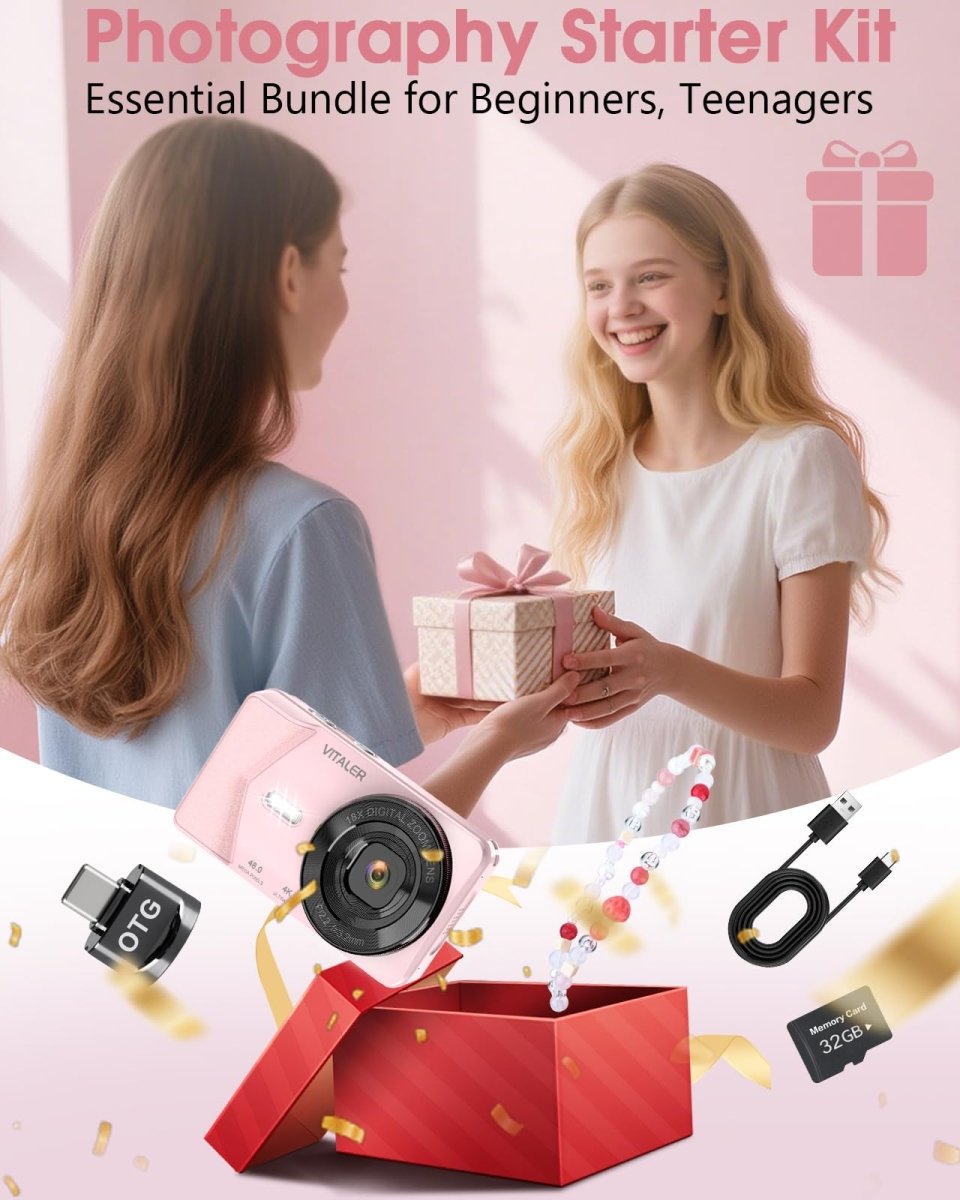 Digital Camera 4K 64MP Compact Camera with Dual Lens,2000mAh Battery, four colours