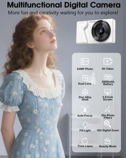 Digital Camera 4K 64MP Compact Camera with Dual Lens,2000mAh Battery, four colours