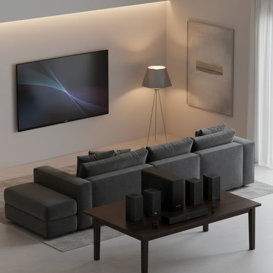 Modern luxury living room setup featuring a dark sectional sofa and premium surround sound speakers for home theater entertainment.