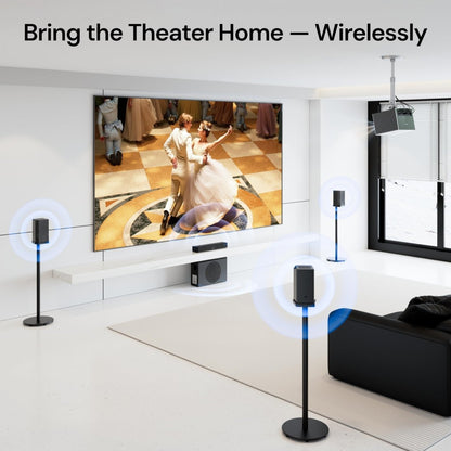 Promotional graphic illustrating wireless home theater speaker placement options for immersive surround sound.