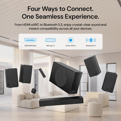 Infographic showing seamless connectivity options between multiple smart devices and a wireless home audio system.
