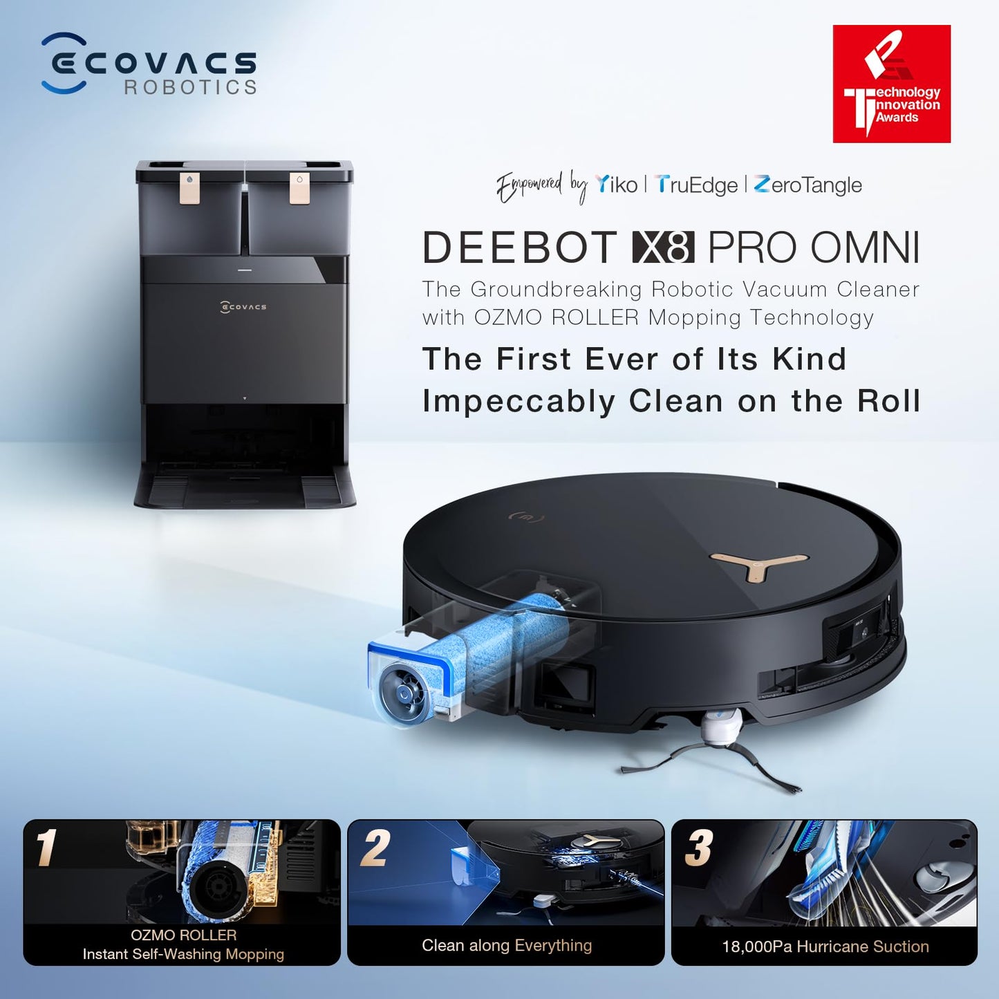 ECOVACS DEEBOT X8 PRO OMNI Robot Vacuum and Mop, 18000Pa, OZMO ROLLER Instant Self - Washing Mopping, 40 - 75℃ Hot Water