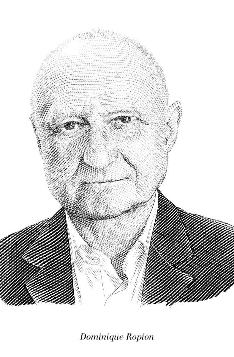 Portrait photograph of the perfumer Frédéric Malle, in black and white, set within a minimalist square frame.