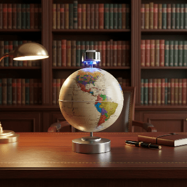 Magnetic levitating world globe glowing with internal LED light, hovering gracefully above its C-shaped base on a dark wooden desk in a study.