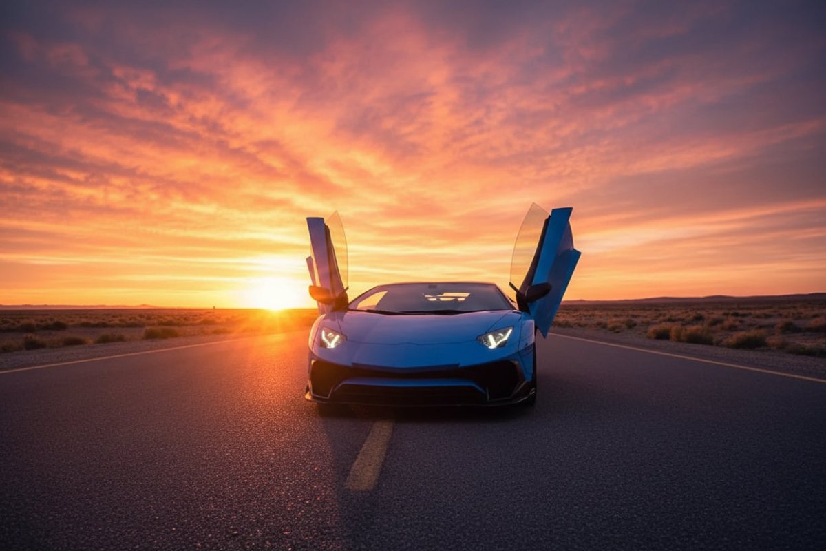 Blue Lamborghini Aventador supercar with scissor doors open, parked on an asphalt road in the desert at golden hour sunset.
