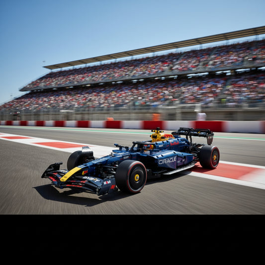 Detailed F1 racing car model on a racetrack against a backdrop of grandstands filled with spectators under bright daylight