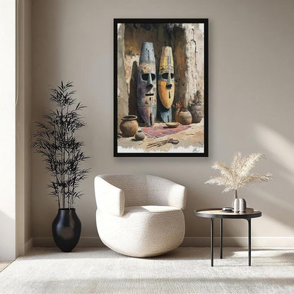 Interior setting featuring the same framed African mask print hanging in a minimalist living room above a modern white chair and small table.