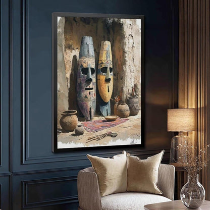 Framed vintage-style art print featuring three traditional African tribal masks, displayed on a dark teal paneled wall above a modern armchair.