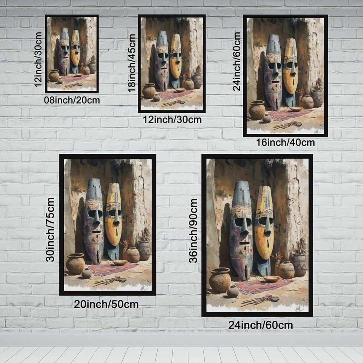 Gallery wall display showing multiple framed art prints of African tribal masks, arranged in a grid pattern of six pictures.