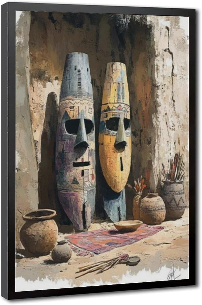 Close-up view of the framed African masks art print, showing the textured detail and colors of the masks against a deep background.