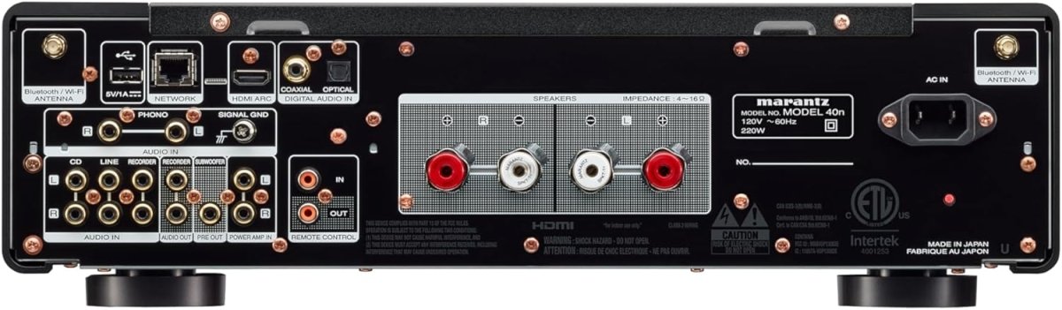 Rear panel view of the high-end audio receiver showcasing multiple input and output connection ports.