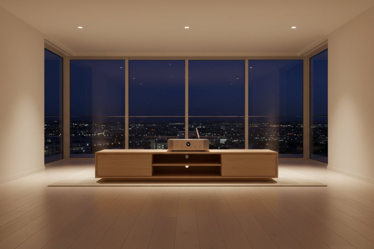 Sleek audio equipment and media console placed in a minimalist high-rise interior with large glass windows overlooking a city skyline.