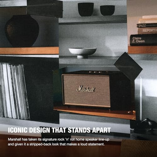 Lifestyle promotional graphic featuring the Marshall Stanmore III speaker set against a retro interior background with text callouts.