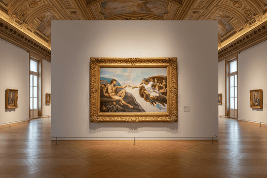 MICHELANGELO, Art in Canvas, The Creation of Adam. Framed classic oil painting displayed centrally on a partition wall inside a grand, elegantly lit art gallery hall.