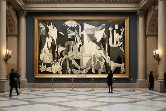 Large framed canvas print of Pablo Picasso's Guernica displayed prominently on a gallery wall within a sophisticated interior space, viewed from a distance.