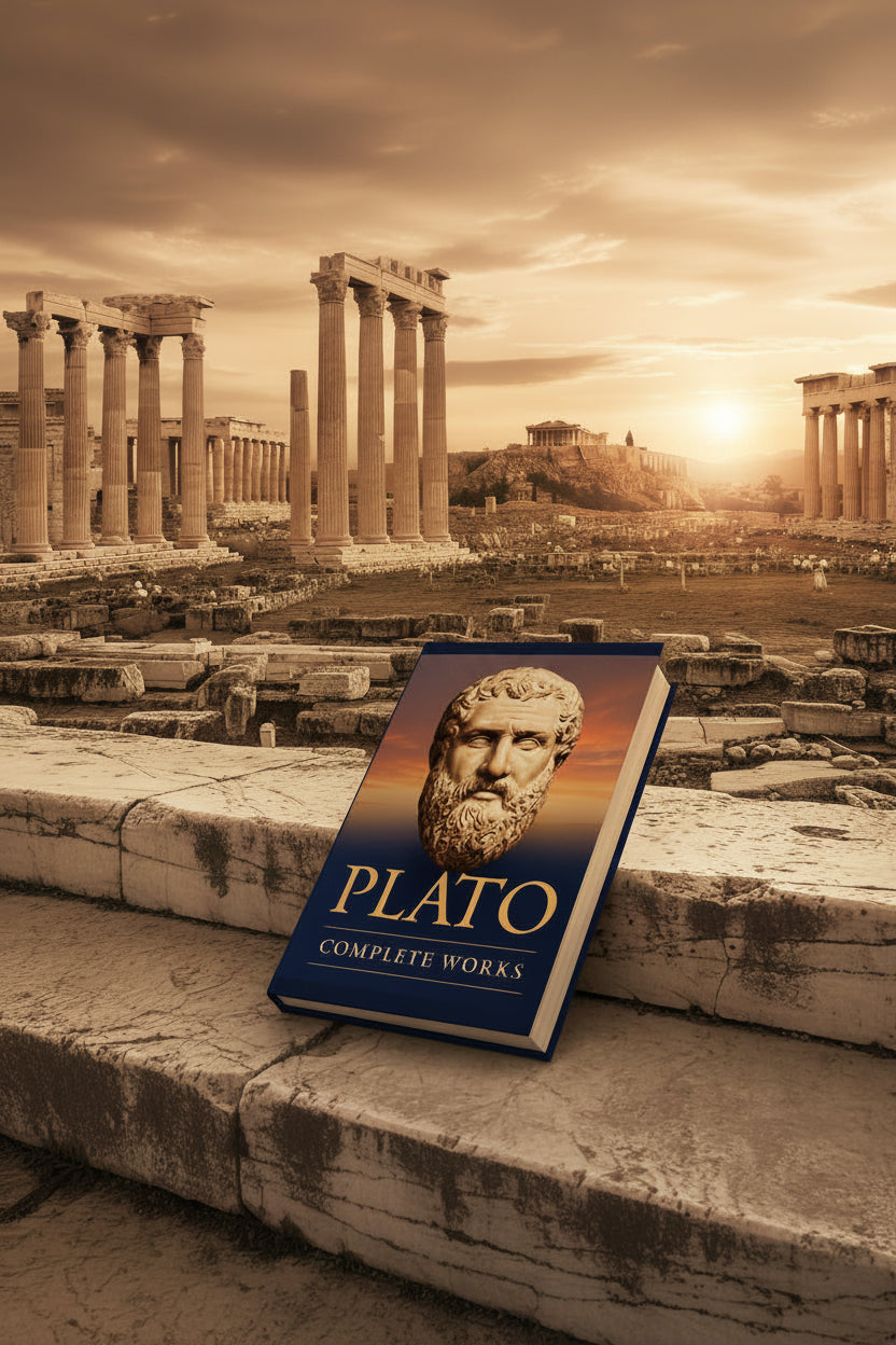 Hardcover book titled Plato resting on stone steps against a dramatic ancient Greek ruin and sunset landscape background.