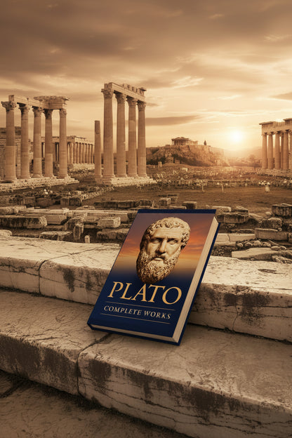 Hardcover book titled Plato resting on stone steps against a dramatic ancient Greek ruin and sunset landscape background.