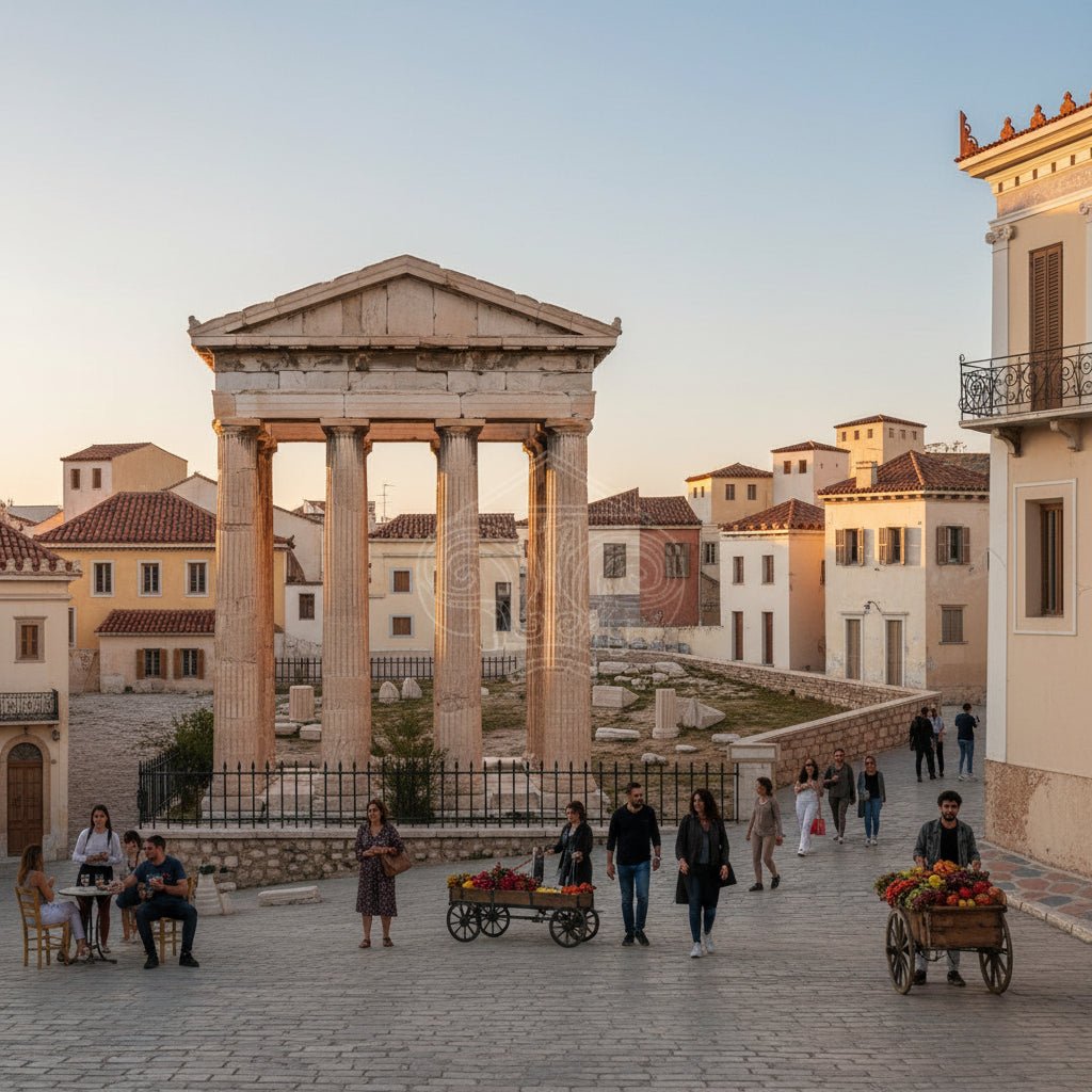 Historic neoclassical European square and classical architecture bathed in the soft light of golden hour.