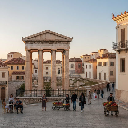 Historic neoclassical European square and classical architecture bathed in the soft light of golden hour.