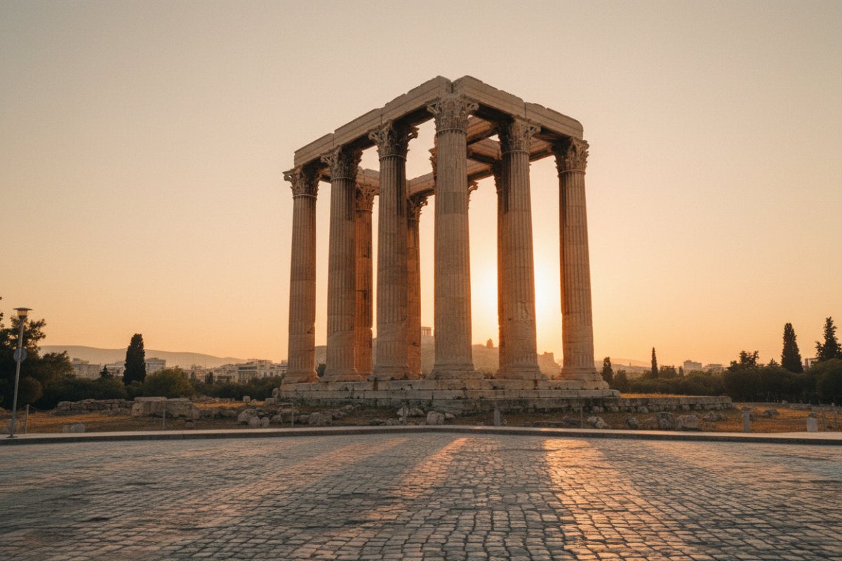 Classic ancient Greek temple silhouette standing proudly under a warm, golden sunset sky.