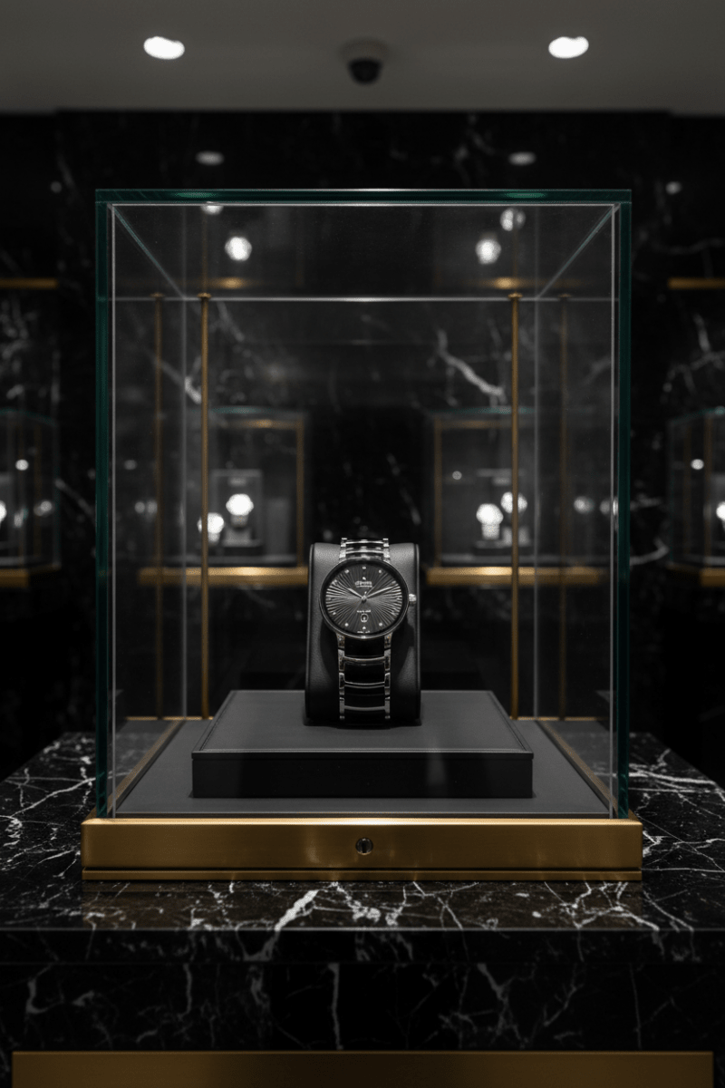 Sophisticated dark product display showcase highlighting the Rado luxury watch inside a retail presentation case.