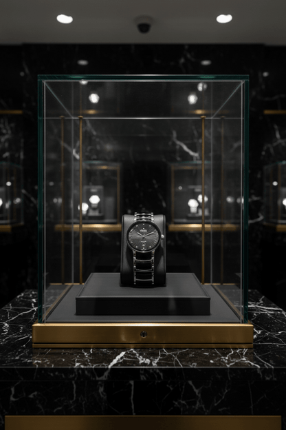 Sophisticated dark product display showcase highlighting the Rado luxury watch inside a retail presentation case.