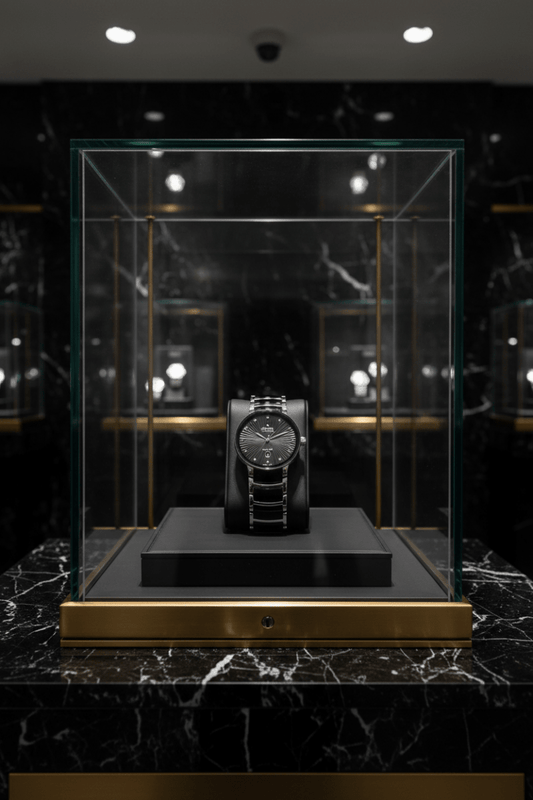 Sophisticated dark product display showcase highlighting the Rado luxury watch inside a retail presentation case.